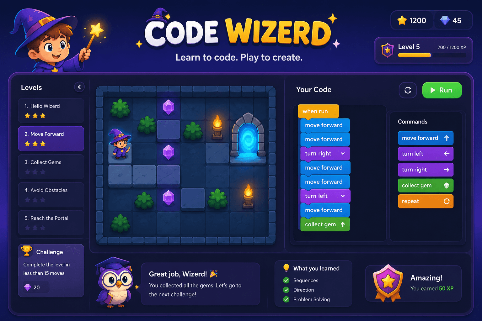 Code Wizard gamified programming education platform with block-based coding challenges