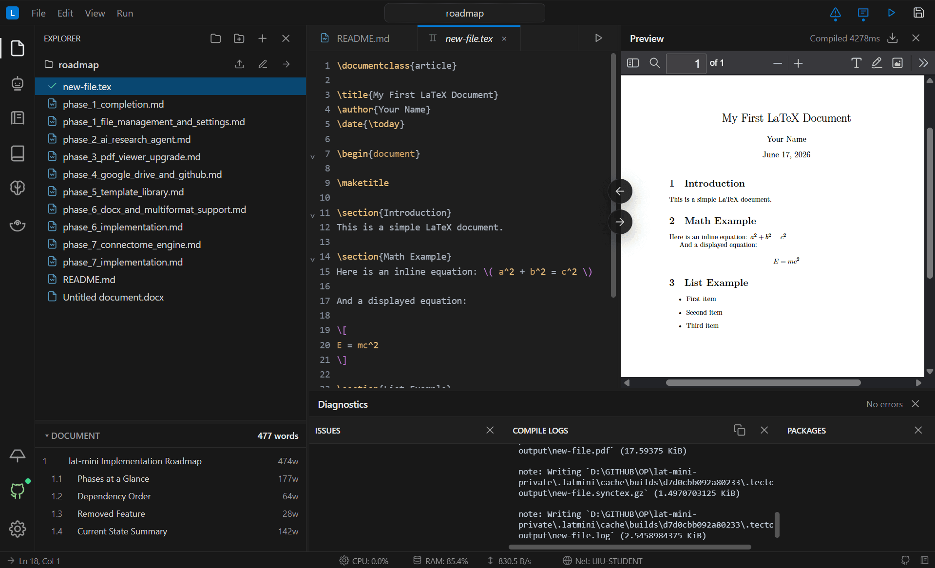 Research LaTeX IDE focus-first writing environment concept